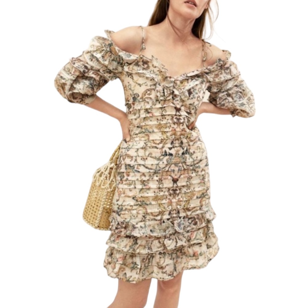Aqua Floral Off the Shoulder Tiered Ruffled Mini Dress NWT